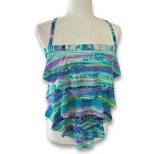 Colorful Retro Stripe Tankini Swim Top With Tiered Front Removable Straps Sz 10